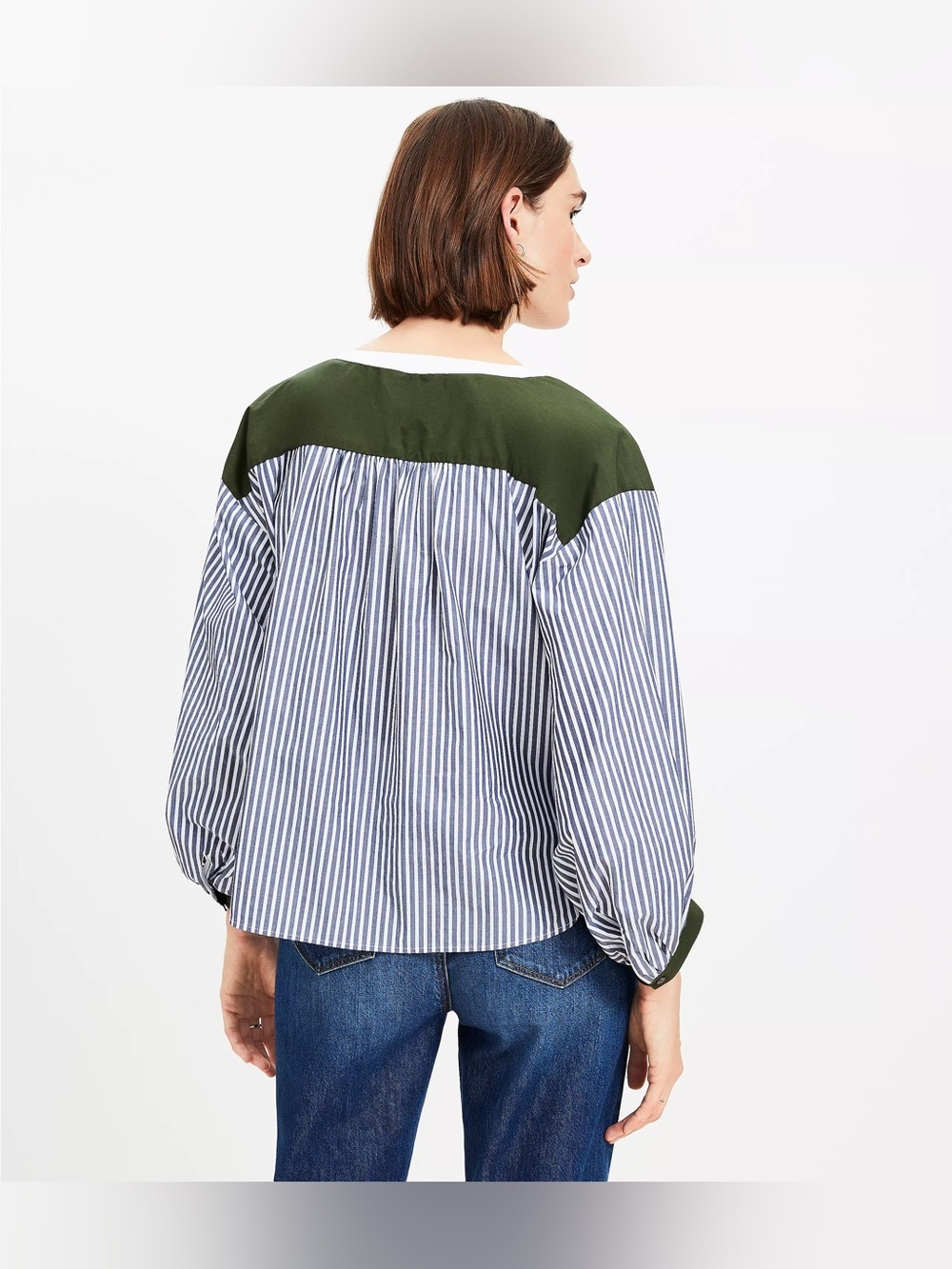 Ann Taylor‎ LOFT Striped Colorblock Poplin Bishop Sleeve Blouse Preppy Coastal L - Picture 10 of 14